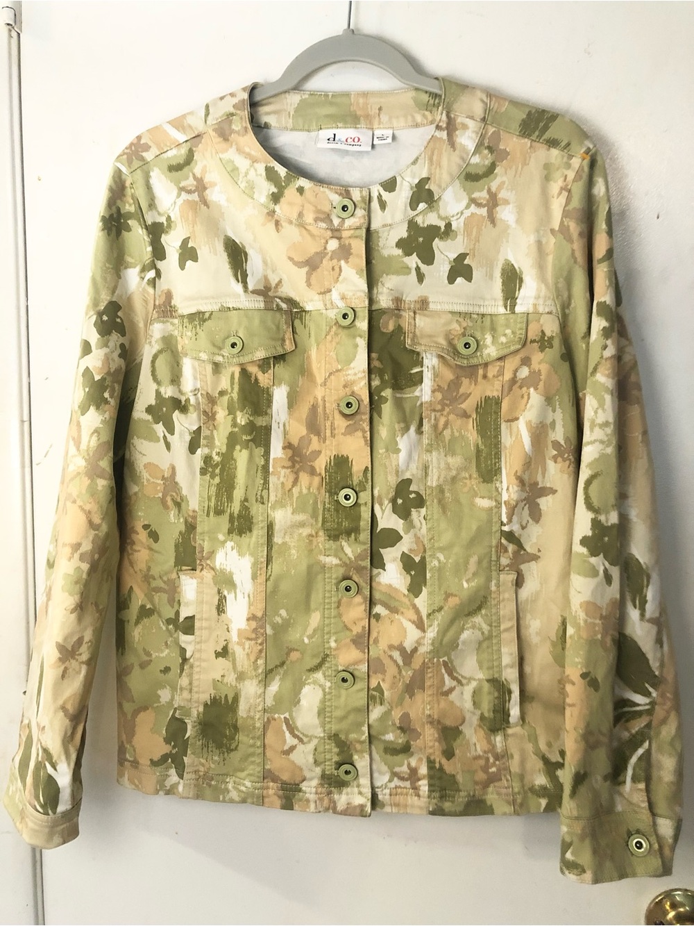 Denim&Co Floral Camouflage Jean Jacket in Olive Green & Beige